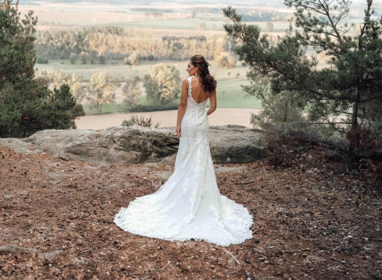Braut steht auf einer Kuppe im Harz mit wehenden Kleid – Hochzeitsfotograf Celle